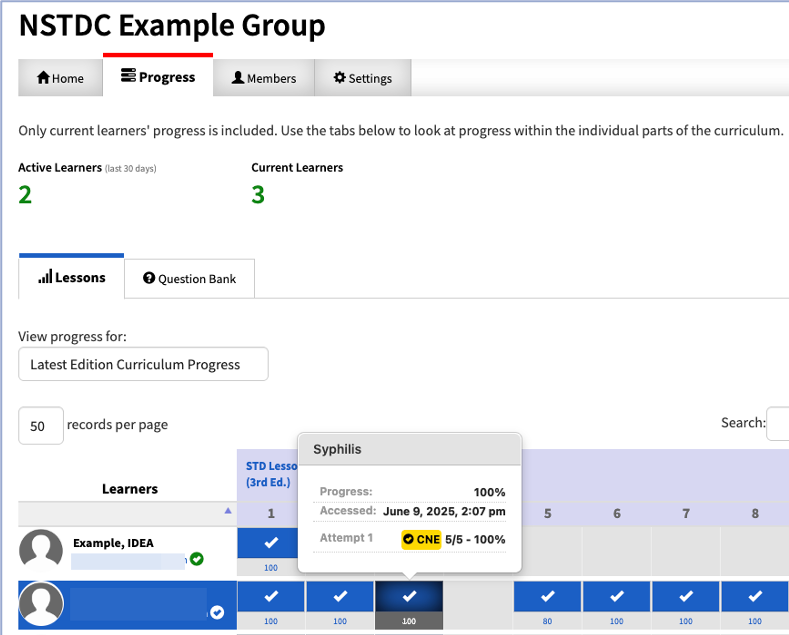 Example progress tracker for a group